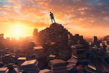 In a towering mountain of books, a solitary figure stands, immersed in a sea of knowledge and stories. Surrounded by the wisdom of countless pages, he symbolizes the quest for learning Generative AI