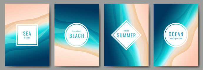 Ocean background. Set of posters. Ocean, sea, sand, coastline, top view. Design of a poster, background, cover, book, greeting card, invitation. Place for text. Vector image. © i_mARTy