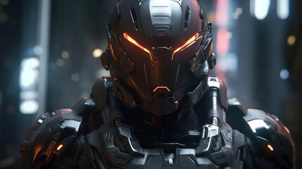 Fototapeta premium Epic warrior with futuristic dynamic armor helmet with cyberpunk style