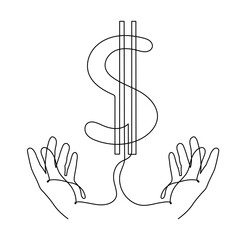Hand holds dollar sign,one line art,continuous contour drawing, hand-drawn line icon for business,minimalist design.Financial valuta sign,currency trendy template.Editable stroke.Isolated.Vector