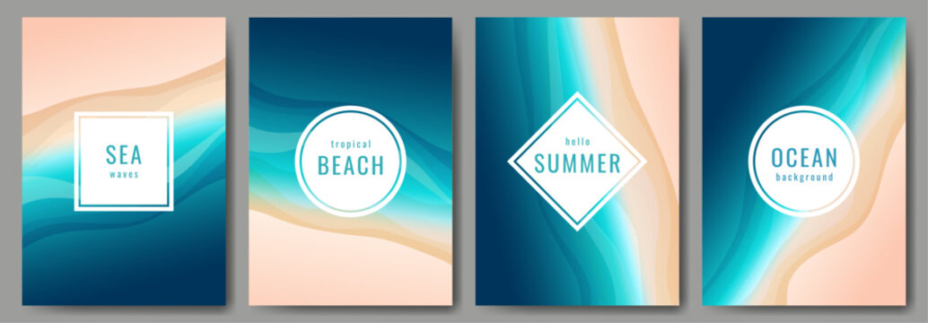 Ocean background. Set of posters. Ocean, sea, sand, coastline, top view. Design of a poster, background, cover, book, greeting card, invitation. Place for text. Vector image.