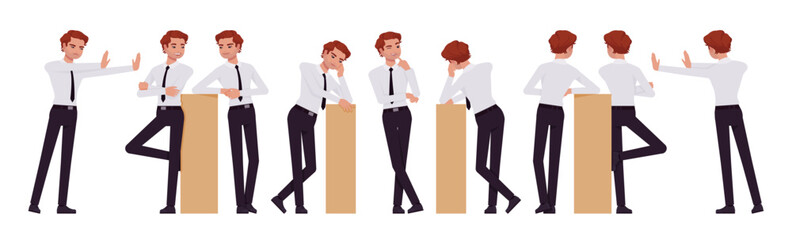 Business consultant professional male set, handsome man different leaning poses. Office boy, young manager in formal work wear. Vector flat style cartoon character isolated on white background