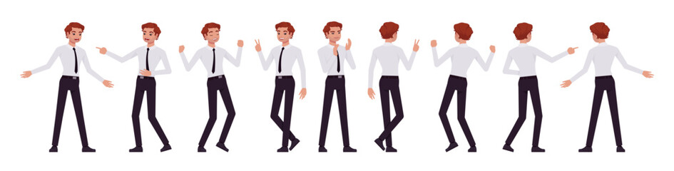 Business consultant professional male set, handsome man different positive emotions. Office boy, young manager in formal work wear. Vector flat style cartoon character isolated on white background
