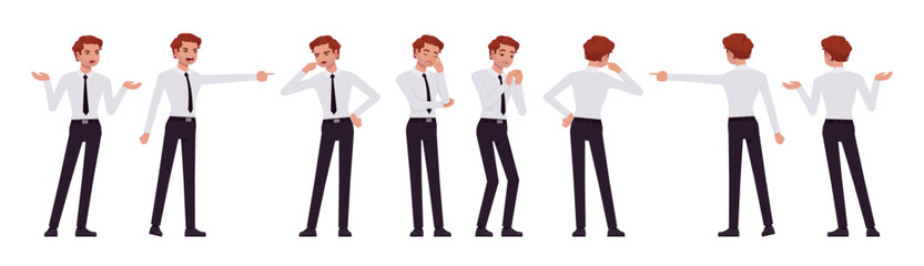 Business consultant professional male set, handsome man different negative emotions. Office boy, young manager in formal work wear. Vector flat style cartoon character isolated on white background