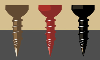 Fototapeta na wymiar Flat vector illustration of three screws driven into material - red, tan, black