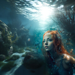 Naklejka na ściany i meble Portrait einer Meerjungfrau unter Wasser - mit generativer KI Midjourney erstellt