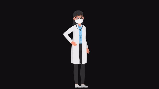 High resolution 2d cartoon female character in doctor outfit with face mask talking on alpha channel background in seamless loop.