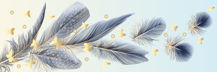 Art wallpaper with blue feathers and gold butterflies. Modern creative design for home decor, banners, and prints. Vector illustration.