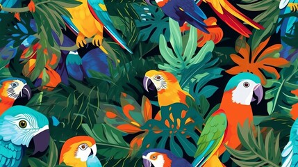 Seamless tropical background with parrots, flowers, and leaves