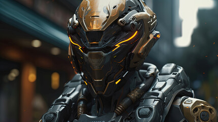 Fototapeta na wymiar Epic warrior with futuristic dynamic armor helmet with cyberpunk style