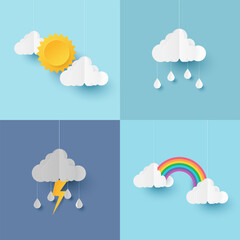 Set of clouds and different weather , rain , sun, rainbow and lightning. Vector illustration. Paper cut and craft style illustration