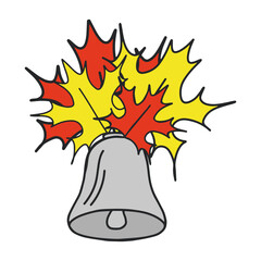 School bell. Back to school. Bell decorated with autumn leaves. Hand drawn vector illustration.