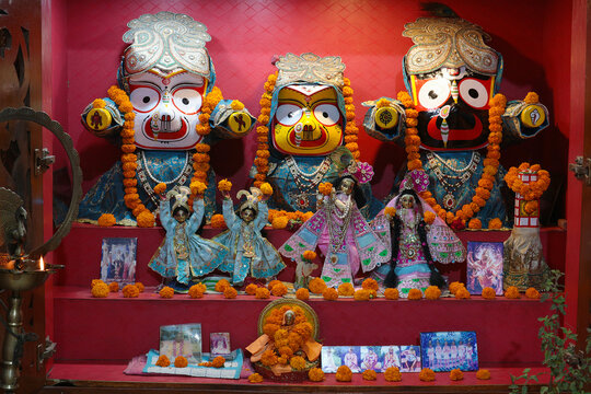 Deities Jagannath Baladev Subhadra at the ISKCON temple in Delhi, India, 2023