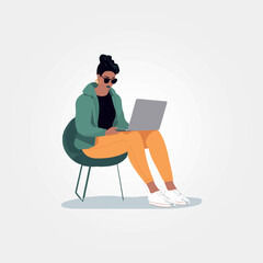 woman sitting working with notebook on her lap, vector illustration