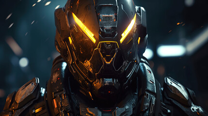 Epic warrior with futuristic dynamic armor helmet with cyberpunk style