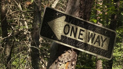 "One Way" Road Sign Attached to a Tree in the Middle of the Woods.