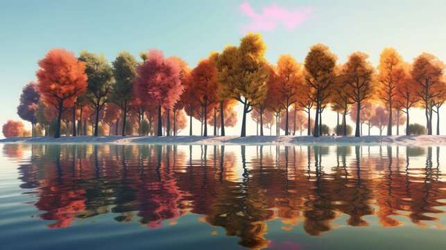 A row of colorful trees reflected in a calm lake