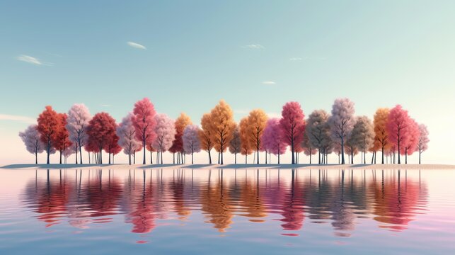 A row of colorful trees reflected in a calm lake