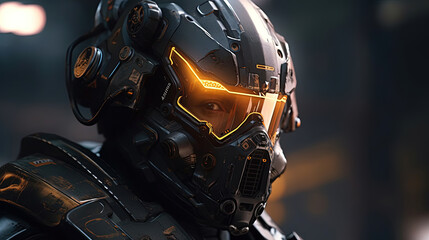 Epic warrior with futuristic dynamic armor helmet with cyberpunk style