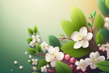 Spring blossom corner on light green background, illustration generative AI