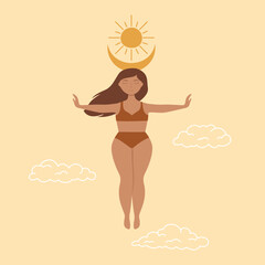 Young woman with closed eyes flying in the air. Mental health, zen, harmony concepts