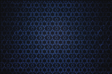 Pattern composed of blue stars of david on a deep blue eco leather background, israel, jewish symbols, ornament, print