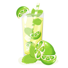 Classic mojito decorated with lime and spring of mint.