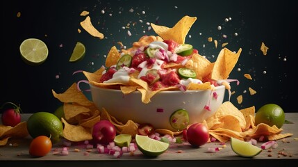 Fototapeta na wymiar Mouth-watering nachos with accompaniments