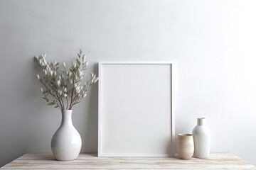 Empty and black wooden picture frame in Boho style interior room decor using generative AI