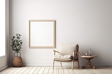 Fototapeta na wymiar Empty and black wooden picture frame in Boho style interior room decor using generative AI