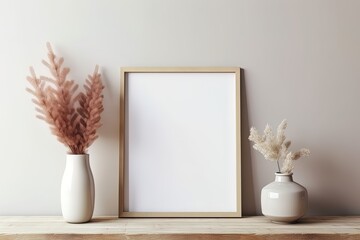 Empty and black wooden picture frame in Boho style interior room decor using generative AI