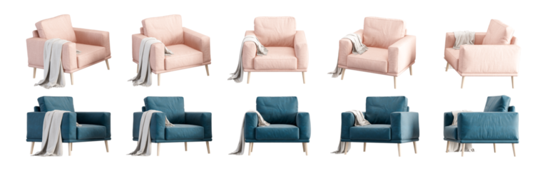 Chair collection in 3d rendering isolated on white background