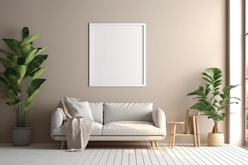 Empty and black wooden picture frame in Boho style interior room decor using generative AI