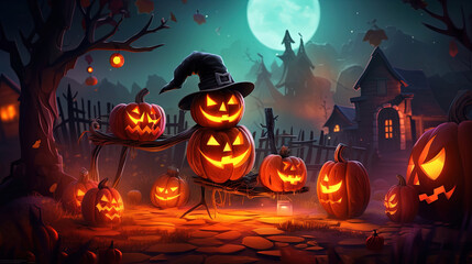 Halloween night moon composition with glowing pumpkins