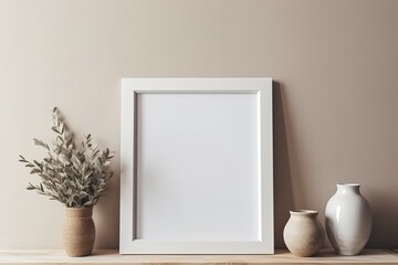 Empty and black wooden picture frame in room using generative AI