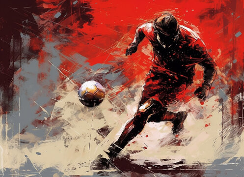 A soccer player kicks the ball. Poster art using red ink paint dripping technique. Dark palette. Generative AI