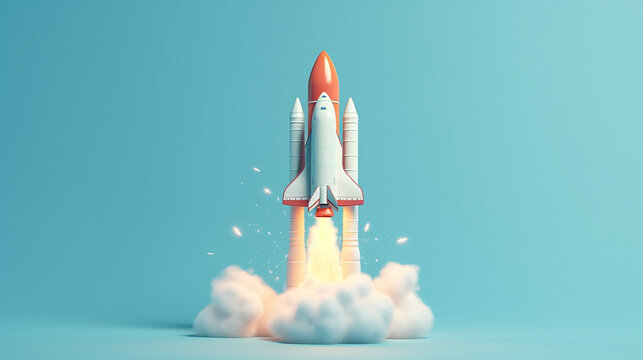 A rocket launching in blue background. 3d render illustration. Generative AI