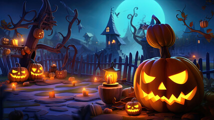 Obraz premium Halloween night moon composition with glowing pumpkins