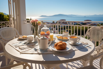 Fototapeta premium Breakfast on the veranda of the hotel with a magnificent view. AI generative