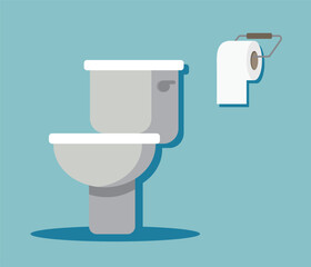 Toilet bowl with toilet paper illustration. Toilet paper roll in flat style. Cleaning equipment set