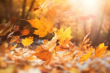 Blätter fallen vom Baum mit unscharfem Hintergrund, Generative AI