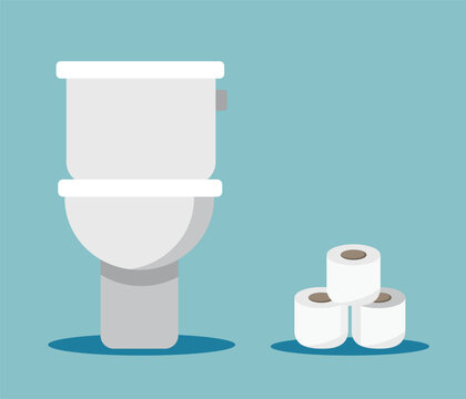 Toilet bowl with toilet paper illustration. Toilet paper roll in flat style. Cleaning equipment set
