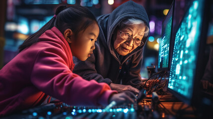 Fototapeta na wymiar Generative ai asiatic granddaughter teaching her grandmother to use new technology