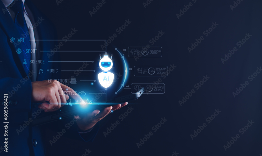 Poster ai learning and artificial intelligence concept. ai technology in everyday life. technology and peop
