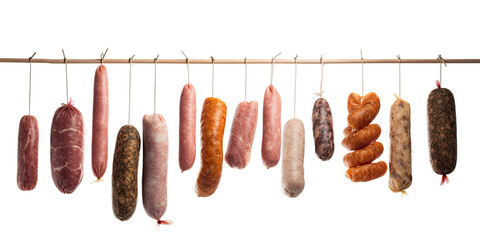 Different sausages hang on a rope on a white background. Generative ai. - obrazy, fototapety, plakaty