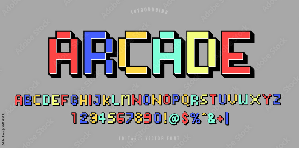 Poster pixel 3d retro font video computer game design 8 bit letters and numbers vector alphabet