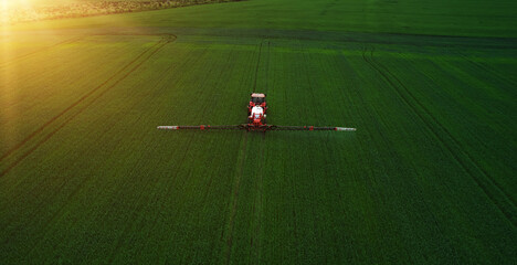 Aerial  view of tractor spraying pesticides on wheat  field with sprayer  in spring.