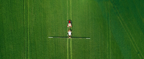 Aerial  view of tractor spraying pesticides on wheat  field with sprayer  in spring.