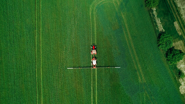 Aerial  view of tractor spraying pesticides on wheat  field with sprayer  in spring.