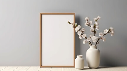 Fototapeta na wymiar White wall with frame and flower